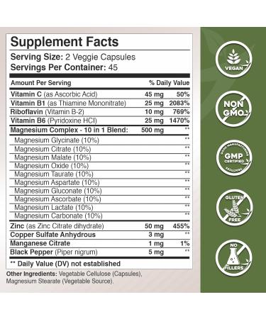 Gade Nutrition Magnesium Complex 10 in 1 with Magnesium Glycinate Citrate Malate Oxide Taurate Aspartate Gluconate Ascorbate Lactate Carbonate Zinc Copper Manganese & Vitamin C B1 B2 B6 - Buy Online on GoSupps.com