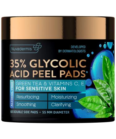 NUVADERMIS Glycolic Acid Pads - 35% Glycolic Acid Peel Pads - Exfoliating Facial Peel for Natural Skin Resurfacing, Blackheads, Dark Spots, and Acne - Sensitive Skin Safe - 60 Double-Side Pads