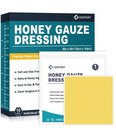 Ceeport Honey Gauze Wound Dressing 4 x 4 Manuka Honey Wound Care Medical Grade Honey Bandages for Wound Care Honey Patch for Faster Healing from Burns Abrasions Cuts and Scalds (Pack of 10)