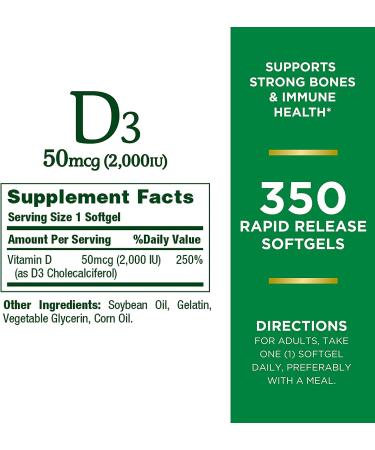 Nature's Bounty D3 50 mcg (2000 IU) - 350 Softgels for Immune & Bone Health - Buy Online on GoSupps.com