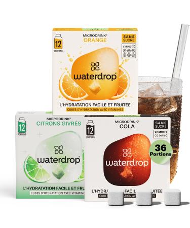 waterdrop Microdrink Coffret Boissons Gazeuses - Cola Orange & Citron Vert 36 boissons en cubes effervescentes en 3 saveurs Enrichi en Vitamines Boisson sans sucre Eau aromatis e en pastille Coffret Soda