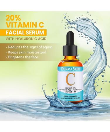 DermaSkin Vitamin C Serum with Hyaluronic Acid & Ferulic Acid | Anti Aging, Pore Minimizer, Dark Spot Remover | 20% Vit C Facial Serum (1 OZ) - Buy Online on GoSupps.com