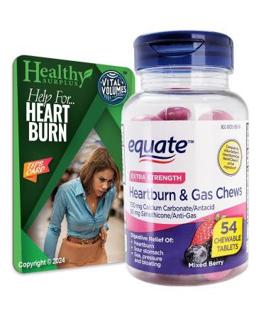 Healthy Surplus Equate Extra Strength Heartburn & Gas Chews - 750 mg Calcium Carbonate Antacid 80 mg Simethicone Gas Relief and Vital Volumes Heartburn Tips Card