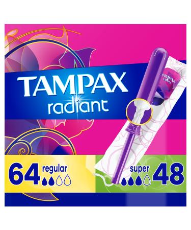Tampax Radiant Plastic Tampons, Regular/Super Absorbency Duopack, 112 Count, Unscented, 28 Count, Pack of 4 (112 Count Total) OLD
