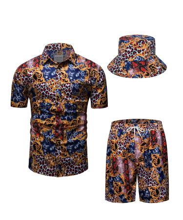 fohemr Mens Luxury Outfit Set Black Gold Shirts and Shorts 2 Piece Chain Print Set Baroque Button Down Suit with Bucket Hats 102blue Small