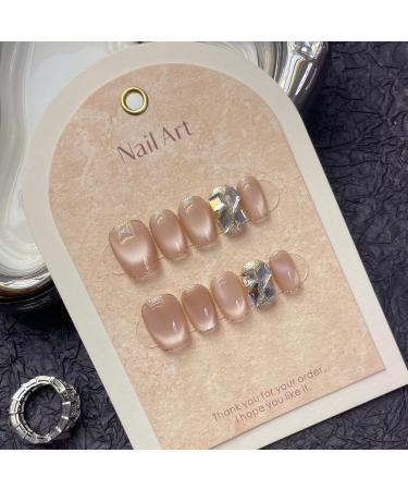 Pink Cat Eye Handmade Wearable Nail Short Autumn/Winter Nail Enhancement Removable False Nail Patch(M) - Buy Online on GoSupps.com