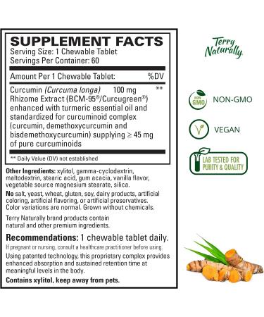 Terry Naturally CuraMed 100mg Chewable Tablets - Curcumin + Turmeric Oil - Supports Liver, Brain, Heart & Immune Health - Non-GMO, Vegan - 60 Servings - Buy Online on GoSupps.com