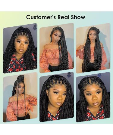 Fecihor 36 Boho Curly Ends Lace Front Braided Wig for Black Women | Knotless Cornrow Box Braids with Baby Hair - Synthetic Black Wig - Buy Online on GoSupps.com
