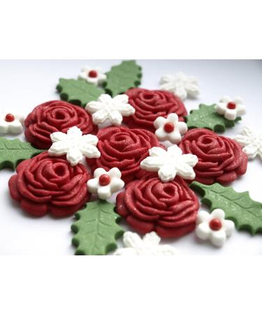 24x Red Roses Holly Leaves Christmas Cake Toppers Edible Winter Sugar Flowers Cake Cupcake Decorations - Buy Online on GoSupps.com
