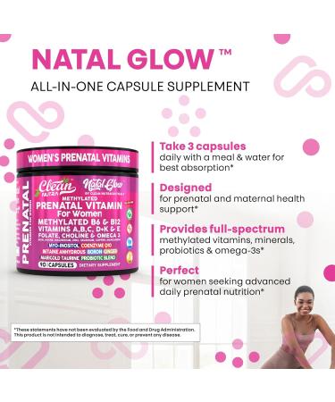 Natal Glow Methylated Prenatal Vitamins for Women Folate Omega 3 Vitamins A B12 C D3 E K2 Iron Riboflavin Biotin Choline Calcium Iodine Magnesium Zinc Selenium Copper Manganese by Clean Nutra - Buy Online on GoSupps.com