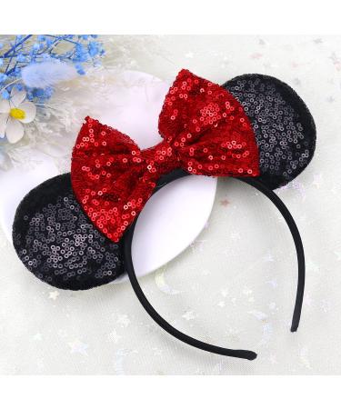 HATOTO Mouse Ears Headband Bow Hair Accessories Shiny Sequin Decoration Black Red Hair Bands Glitter Princess Party Holiday Dresses Cosplay Costume Headdress Hair Hoop for Women Girls Kids Cute 1 Pcs