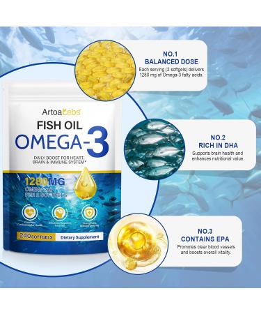 Omega 3 Fish Oil 240 Softgels from Deep Sea Fish Lemon Flavored-with EPA & DHA-Promotes Brain Heart Joint & Immune Health-20 Days Servings - Buy Online on GoSupps.com