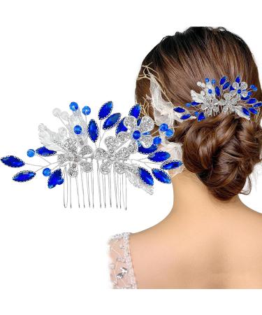 Flower Bridal Blue Rhinestone Hair Comb Hair Accessories Rhinestone Hair Piece for Women and Girls