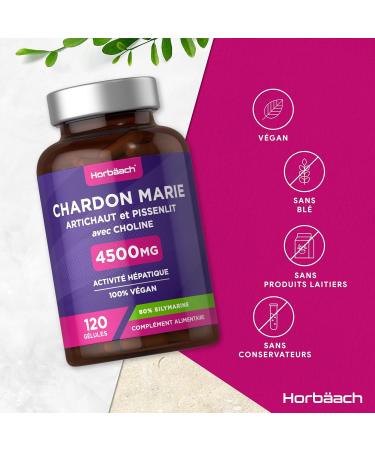 Milk Thistle Dandelion & Artichoke Complex 4500mg | 80% Silymarin | 120 Capsules | Dietary Supplement with Choline | High Dosed | Milk Thistle Complex | by Horbaach - Buy Online on GoSupps.com