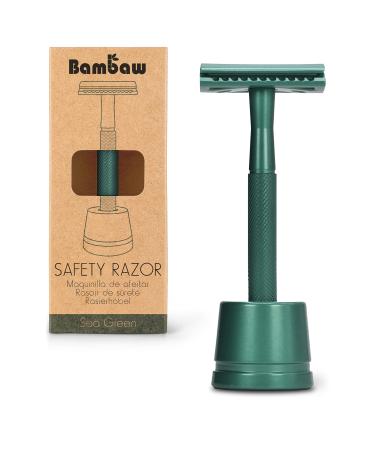 Bambaw Sea Green Double Edge Safety Razor with Stand for Men | Reusable Metal Razor Eco Friendly DE Razor | Safety Razors Fit All Double Edge Razor | Men's Safety Shaving Razors |One Blade Metal Razor