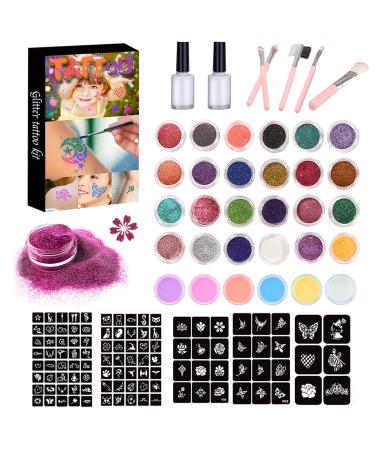 AIDUCHO 30 Colors Temporary Glitter Tattoo Kit Waterproof Body Glitter Tattoos Perfect Gifts for Kids Boys Girls Festival Party - 24 Fine Glitter 6 Glow Powder 105 Unique Stencils 5 Brushes 2 Glue 30 Colors(24 Fine 6 Glo...