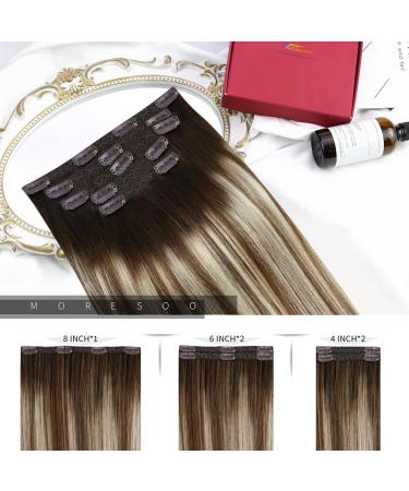 Moresoo Balayage Clip in Hair Extensions - Dark Brown to Chestnut Brown with Platinum Blonde Highlights - 14 Inch Human Hair Extensions (5 Pieces/70g) - #4/6/613 - Buy Online on GoSupps.com