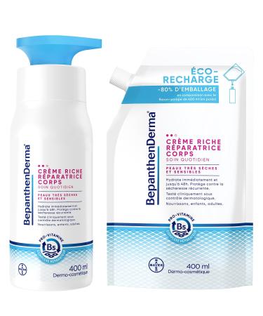 BepanthenDerma Rich body repair cream - Daily care for very dry and sensitive skin - Immediately moisturizes up to 48 hours (1) - Shea butter argan oil - Eco refill*+Pump bottle 400 ml