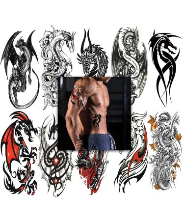 10 Sheets Large Dragon Temporary Tattoo Stickers for Men Women Adults Fake Sleeve Tattoos Large Tribal Totem Dragons Fake Tattoo Black Realistic Animals Teens Body Art Tattoo