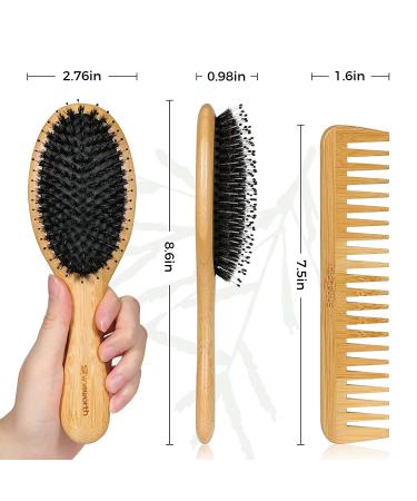 Shineworth Boar Bristle Hair Brush Set with Natural Bamboo Paddle and Wide Tooth Comb for Frizz Reduction and Detangling - Men and Women, Ideal for Thick, Curly, and Long Hair - Buy Online on GoSupps.com