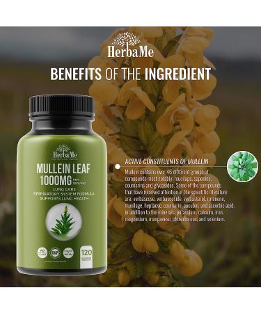 HerbaMe Mullein Leaf 1000mg Capsules - Lung Cleanse & Respiratory Support with Mucous Relief - 120 Count - Buy Online on GoSupps.com