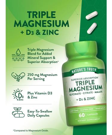 Nature's Truth Triple Magnesium Complex Supplement | 60 Capsules | Glycinate Citrate & Malate | with D3 & Zinc | Vegetarian Non-GMO & Gluten Free - Buy Online on GoSupps.com