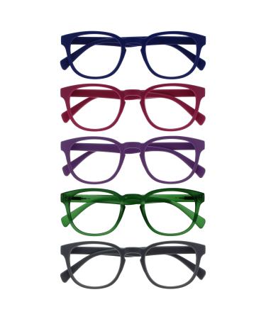Opulize pop reading glasses 5 Pack Keck round matt frame spring hinges scratch-resistant blue pink purple green gray men women rrrr2-34567 +1.50 blue pink purple green gray +1.50 dioptries