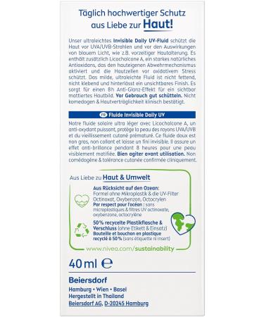 Nivea Sun Protection Fluid LSF 50+ | Ultra-Light Non-Fatty Sunscreen with Antioxidants | Invisible Daily UV-Fluid (40ml) Buy Online Worldwide - Buy Online on GoSupps.com