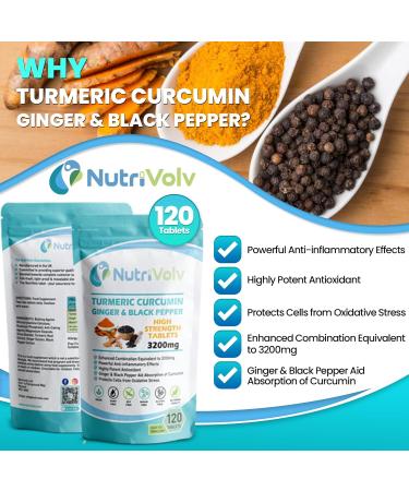 Nutrivolv Turmeric Curcumin 3200mg with Ginger & Black Pepper for Enhanced Absorption | High Strength | Organic | Vegan 120 Tablets | Joint Support Inflammation & Pain Relief - Buy Online on GoSupps.com