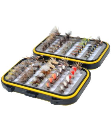 Outdoor Planet Assorted Trout Fly Fishing Lure Pack of 10/12/ 15/28/ 35/48 /66 Pieces Fly Lure + Double Side Waterproof Pocketed Fly Box Middle Fly Box + 66Pieces Top-Rated Flies