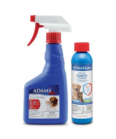 Adams Plus Flea & Tick Spray for Dogs and Cats Kills Adult Fleas, Flea Eggs, Flea Larvae, Ticks, and Repels Mosquitoes for Up to 2 Weeks Controls Flea Reinfestation for Up to 2 Months 16 Ounces Shampoo Bundle