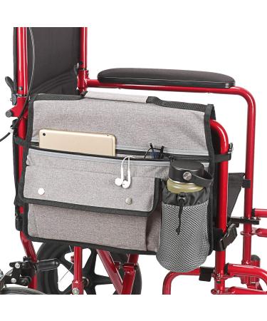 Wheelchair Storage Bag Wheelchair Double-Sided Armrest Pouch with Cup Holder and Reflective Strip for Wheelchairs and Walkers (Gray)