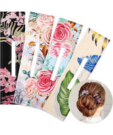 4 Pieces Deft Bun Hair Bun Maker Deft Bun for Hair Classy Multicolor Cloth Knotted Wire Headband Print Hairpin French Twist Hairstyle Donut Bun Former Maker Hairstyle (Elegant Flowers)