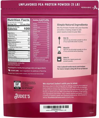 Judee's Unflavored Pea Protein Powder (3 lb) - 80% Protein - Non-GMO, Keto, Vegan, Dairy/Soy/Gluten/Nut-Free - Buy Online on GoSupps.com