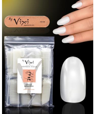 By Vixi 600 MEDIUM OVAL NAIL SET with PREP FILE 10 Sizes Opaque Express Full Cover False Fingernail Extensions for Salon Professionals & Home Use Oval Medium