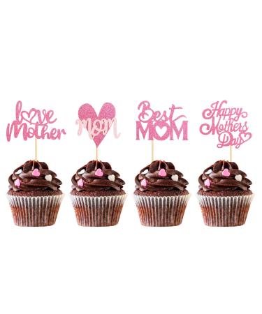 Blumomon 36 pack glitter Happy Mother Day Cupcake Topper Mom Cupcake Picks Kuche Department Party accessories for Mother's Day Party Cupcake Decorations Pink