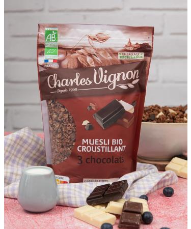 Charles Vignon - Crispy Organic Muesli with 3 Chocolates - 375g - Rich in Fiber Made in France Resealable Bag - Buy Online on GoSupps.com