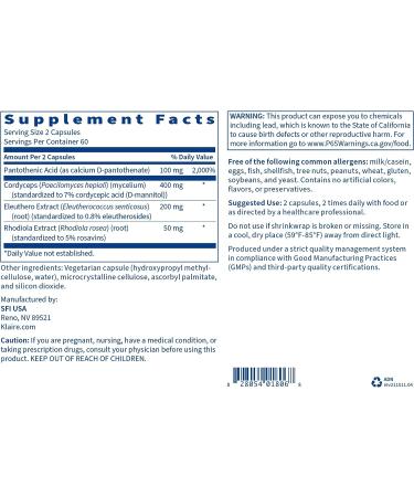 Klaire Labs Adrenamin - Adrenal Support Supplement with Cordyceps, Rhodiola & Eleuthero - 120 Capsules, Gluten-Free Formula for Adrenal Health in Men & Women - Buy Online on GoSupps.com