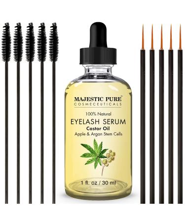 Majestic Pure Castor Oil Eyelash Serum - with Apple & Argan Stem Cells - Eyelash Growth Serum for longer thicker Eyelashes, Eyebrows & Hair - Free Set of Mascara Brush & Eyeliner Applicator - 1 fl oz
