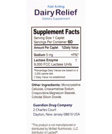 Guardian Dairy Relief Fast Act Caplets 9000 FCC Lactase Enzyme (60 Caplets) - Buy Online on GoSupps.com