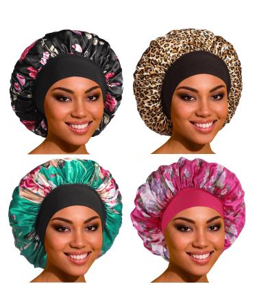Satin Bonnet Silk Bonnet Hair Bonnet for Sleeping- 4 Pack Bonnets for Black Women with Wide Elastic Band for Curly Hair Set Z