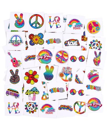 ADXCO 144 Pieces Hippie Tattoos Stickers Hippie Assorted Groovy Hippie Temporary Tattoos Waterproof Love and Peace Sign Hippie Tattoos Hippie Theme Party Tattoos for Hippie Party Favors