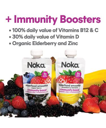 Noka Super Berry Immune Support Smoothie Pouches - 12 Pack, Vegan & Gluten-Free with Flax Seed, Plant Protein, Vitamin C, D & B12, Elderberry, Zinc - Organic 4.22oz - Buy Online on GoSupps.com