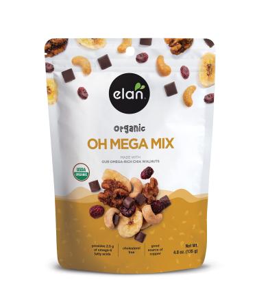 Elan Oh Mega Mix Organic Trail Mix, 4.8 oz, Vegan Dark Chocolate Chunks, Cranberries, Bananas Chips, Cashews, Walnuts, Chia Seeds, Goji berry Powder, Vegan, GMO-Free, Vegetarian, Gluten-Free, brown