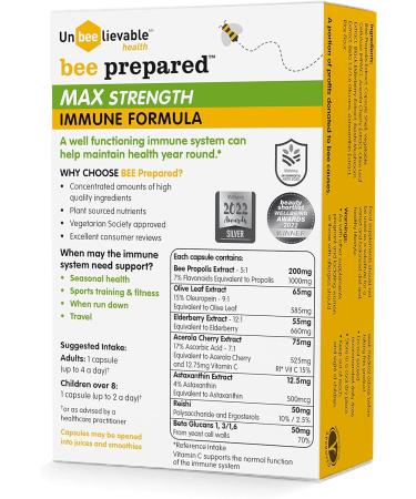 Unbeelievable Health Bee Prepared Max Strength Immune System Formula - 60 Count - Immunity Support Supplement with Bee Propolis, Elderberry & More - Buy Online on GoSupps.com