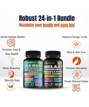 Shilajit and Sea Moss Combo - Sea Moss and Shilajit Bundle with Ashwagandha Black Seed Turmeric Bladderwrack Burdock Black Pepper with Vitamins and Antioxidants - 120 Veggie Capsules 60 Count (Pack of 2) - Buy Online on GoSupps.com
