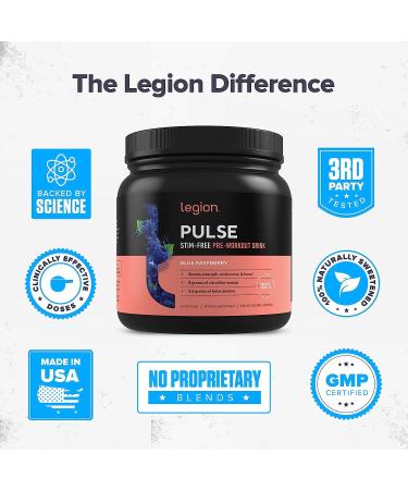 Decaffeinated Blue Razz Legion Pulse - Best Caffeine-Free Pre-Workout Supplement | Nitric Oxide Booster for Men and Women | Non-Stimulant with Beta Alanine, Citrulline, Alpha GPC | Blue Raspberry Flavor - 1.04 lb - Buy Online on GoSupps.com