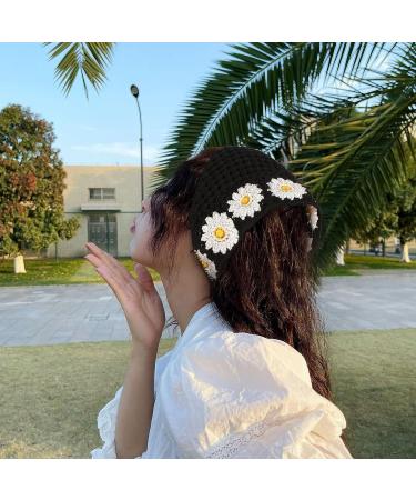Floral Crochet Hair Bandanas 2PCS Women Hairbands | Daisy Print Knitted Headscarf Vintage Hair Scarf - Buy Online on GoSupps.com
