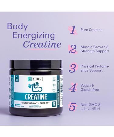 Zhou Nutrition Creatine Monohydrate Powder - Pure Unflavored Vegan Non-GMO Gluten Free - Workout Recovery & Physical Performance Support - 45 Servings - Buy Online on GoSupps.com
