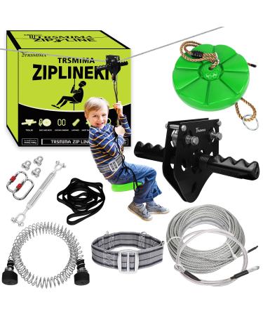 98 Feet Zip Line Kit for Kids and Adult Up to 330 lb with Zipline Spring Brake and Safety Harness, Zip line Trolley with Handle and Thickened Seat,for Backyard Playground Entertainment Green